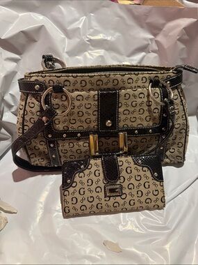 Guess Beige and Dark Brown Monogram Shoulder Bag with Matching Wallet